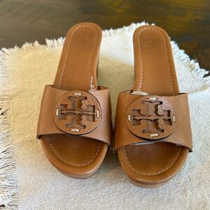 Tory Burch Brown Leather Logo Slide Sandals